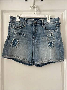 Pilcro and the Letterpress Light Blue Distressed Denim Patch Shorts